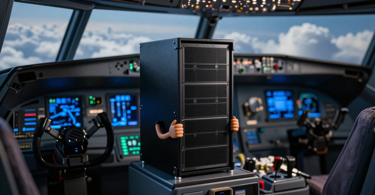 Server-Rack steuert ein Flugzeug im Cockpit — Metapher fuer automatisierte Server-Wartung