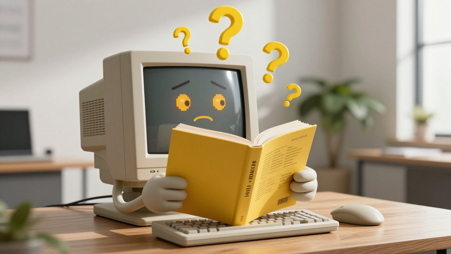 Vintage Roehren-Computer haelt ratlos ein gelbes Telefonbuch in den Plastik-Maskottchenhaenden, Fragezeichen ueber dem Bildschirm