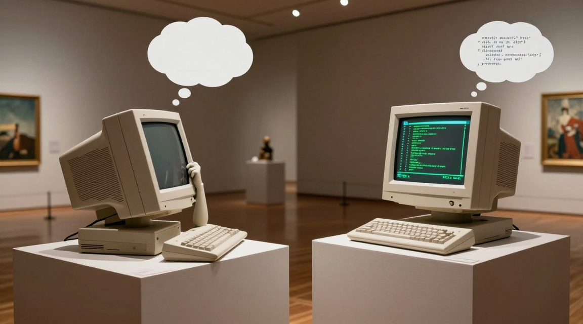 Zwei Retro-Computer im Museum — links als Denker in kontemplativer Pose mit leerer Gedankenblase, rechts aufrecht arbeitend mit Code auf dem Bildschirm und voller Gedankenblase